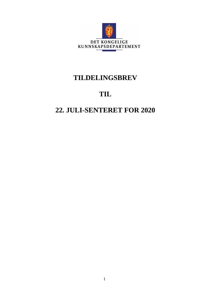 Forsiden av dokumentet Tildelingsbrev 22. juli-senteret 2020