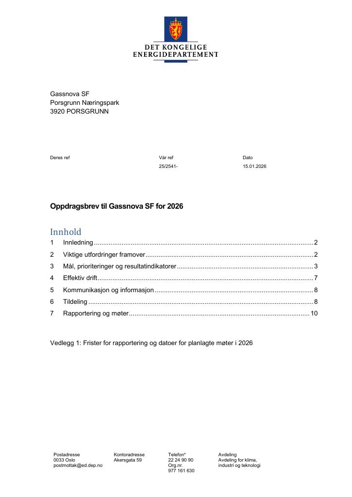 Forsiden av dokumentet Oppdragsbrev Gassnova SF 2026