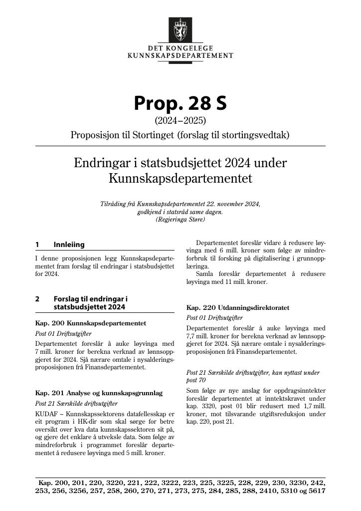 Forsiden av dokumentet Prop. 28 S (2024–2025)