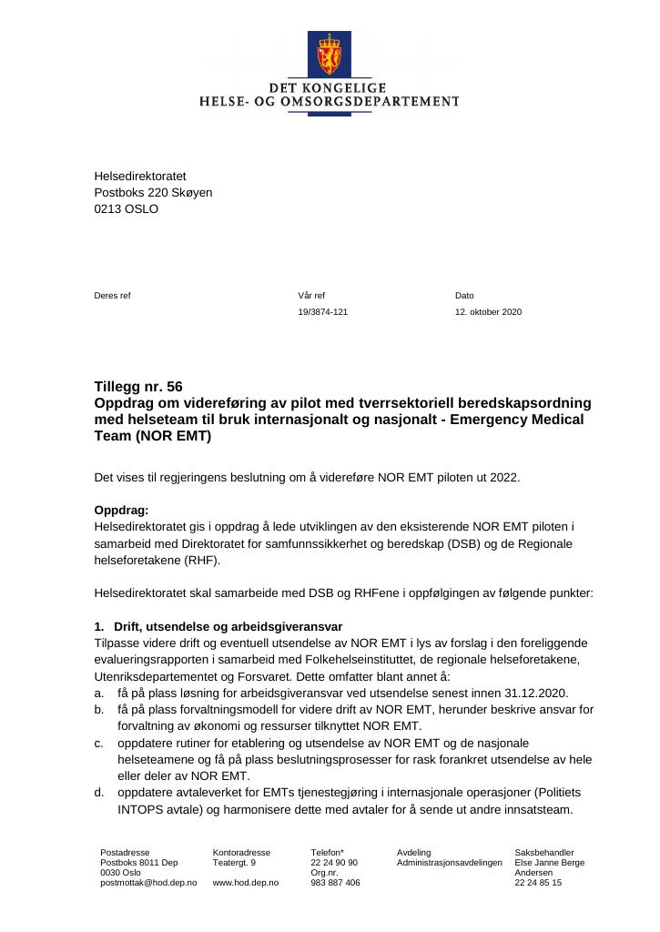 Forsiden av dokumentet Tildelingsbrev Helsedirektoratet 2020 - tillegg nr. 56