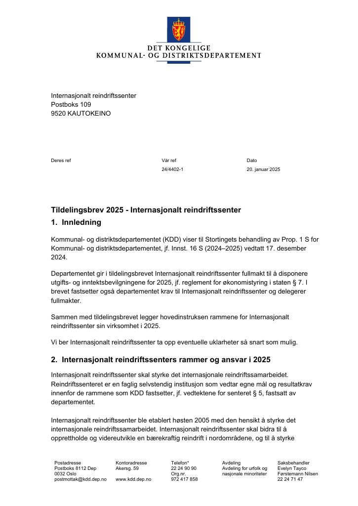 Forsiden av dokumentet Tildelingsbrev Internasjonalt reindriftssenter 2025