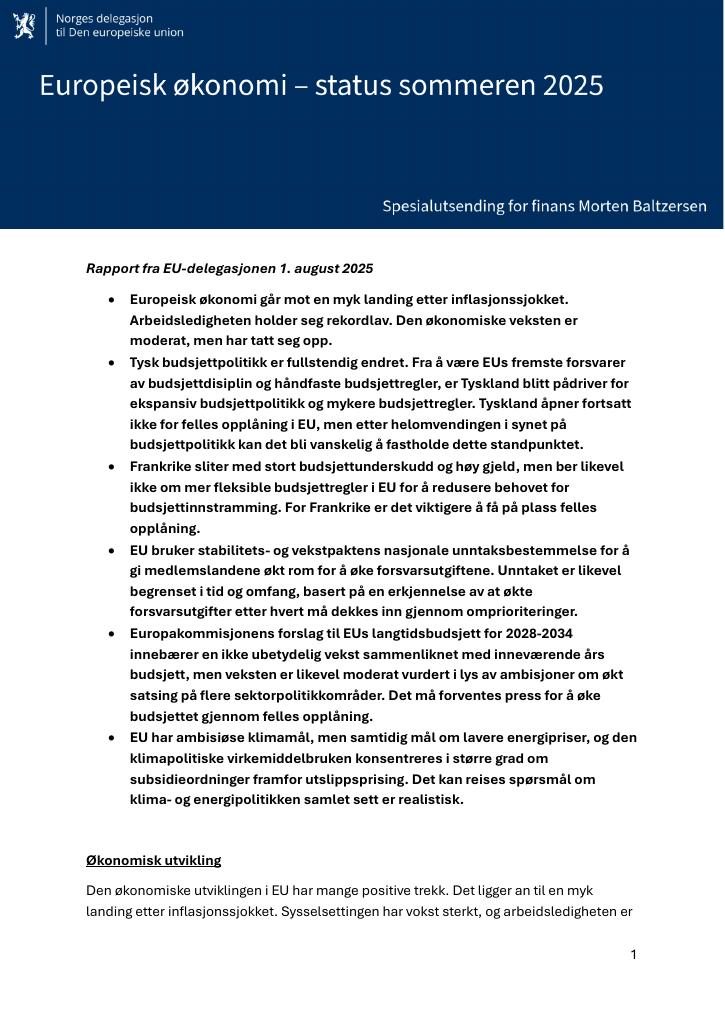 Forsiden av dokumentet Rapport fra EU-delegasjonen - Statusrapport om europeisk økonomi sommeren 2025