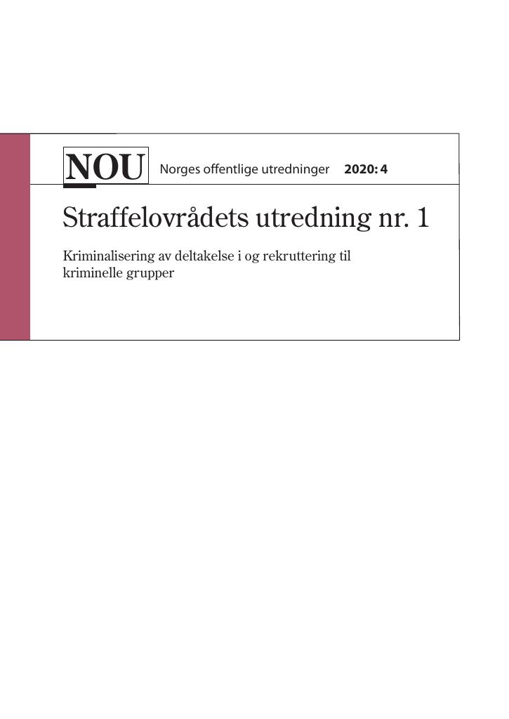 Forsiden av dokumentet NOU 2020: 4 - Straffelovrådets utredning nr. 1