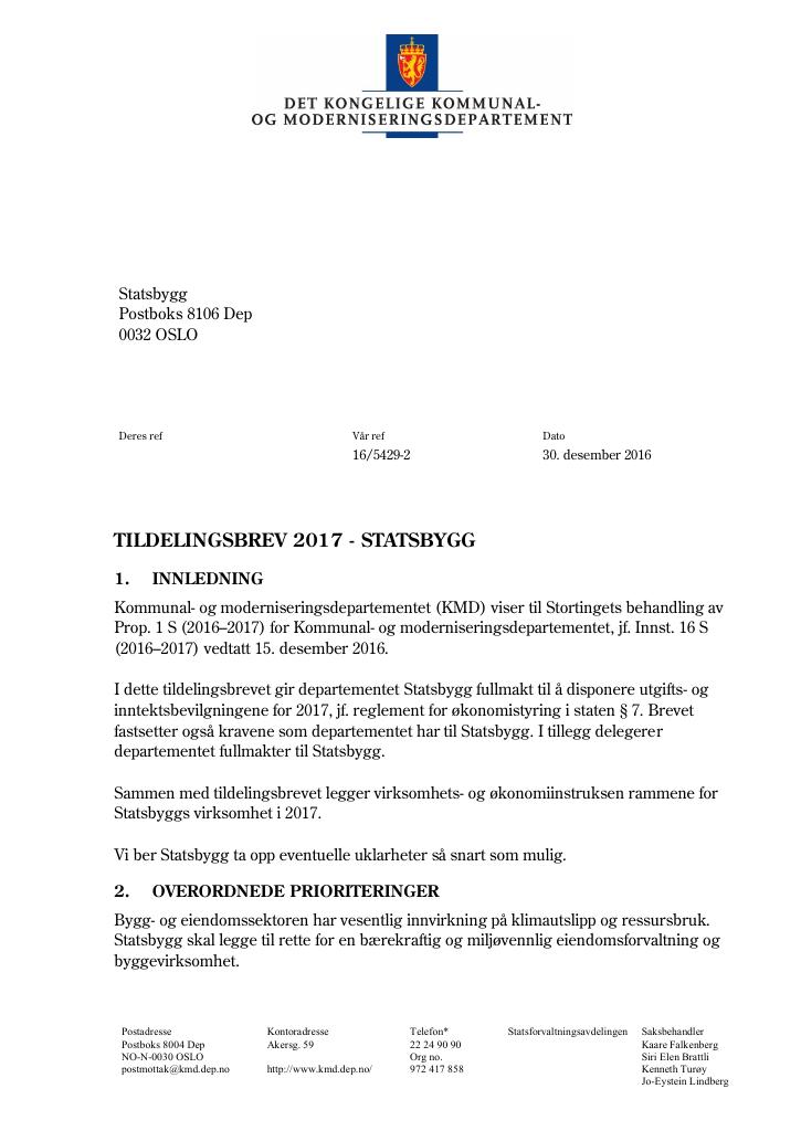 Forsiden av dokumentet Tildelingsbrev (pdf)