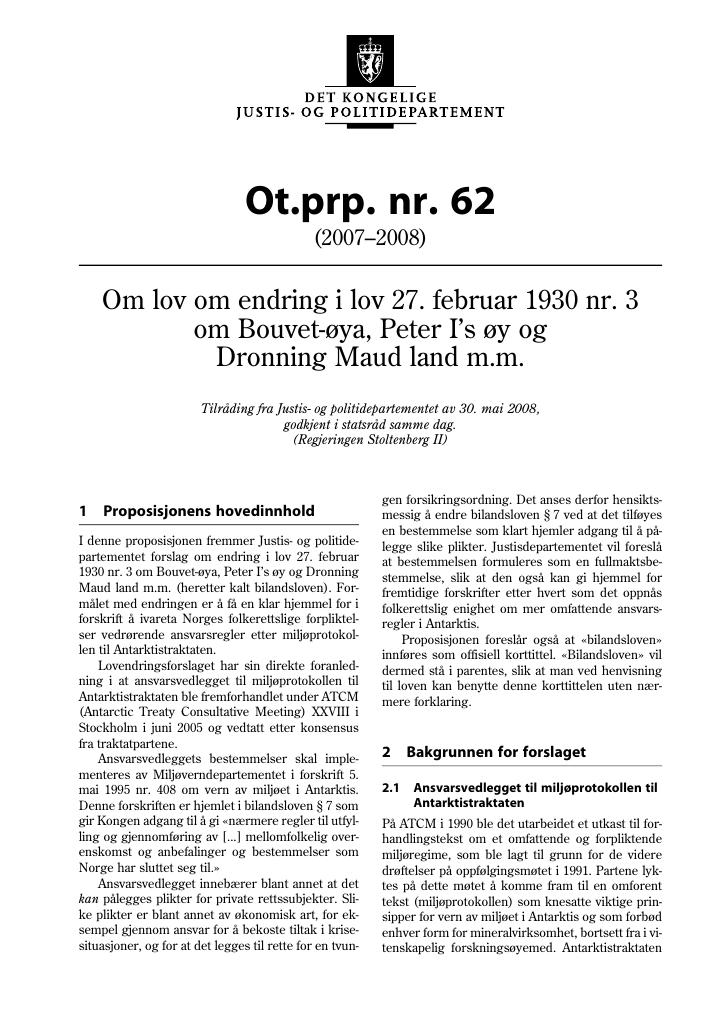 Forsiden av dokumentet Ot.prp. nr. 62 (2007-2008)