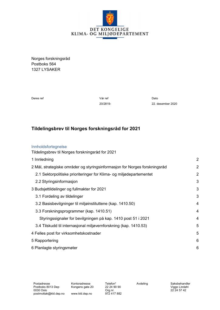 Forsiden av dokumentet Tildelingsbrev Norges forskningsråd 2021