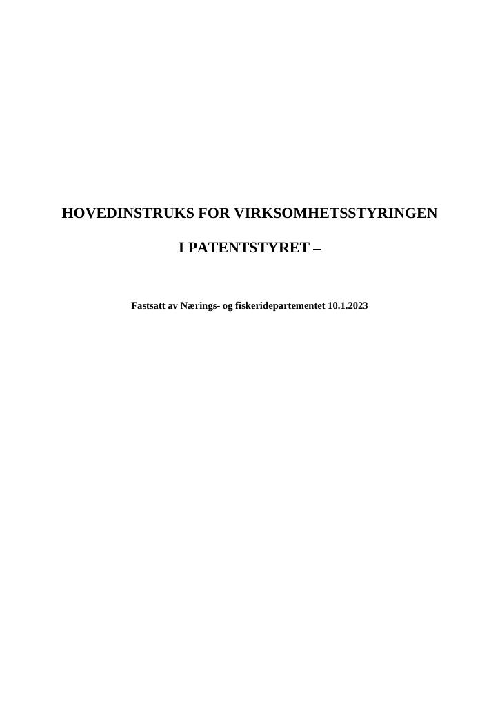 Forsiden av dokumentet Hovedinstruks Patentstyret 2023