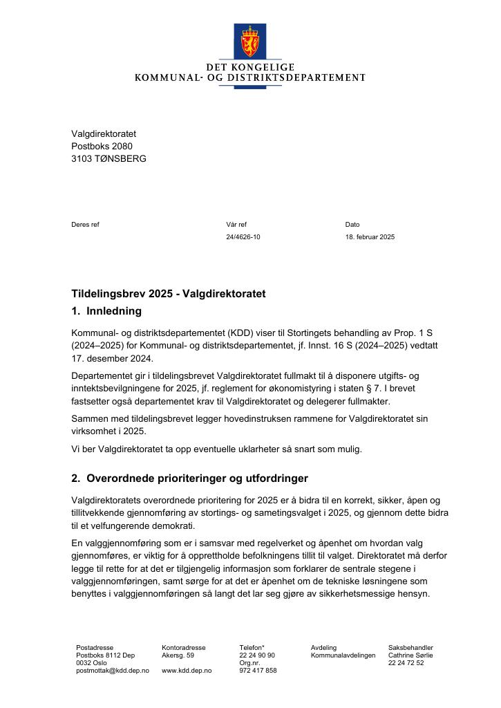 Forsiden av dokumentet Tildelingsbrev Valgdirektoratet 2025