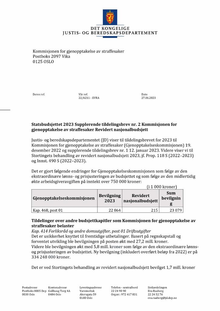 Forsiden av dokumentet Tildelingsbrev Kommisjonen for gjenopptakelse av straffesaker 2023 - tillegg nr. 2