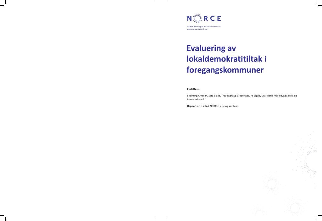 Forsiden av dokumentet Evaluering av lokaldemokratitiltak i føregangskommunar