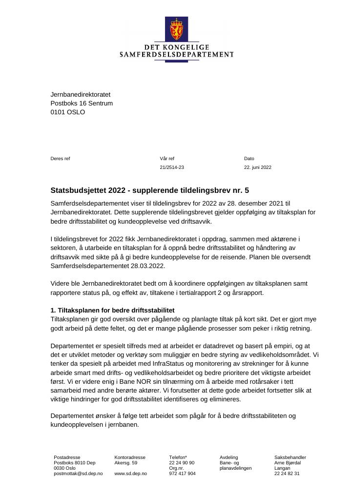 Forsiden av dokumentet Tildelingsbrev Jernbanedirektoratet 2022 - tillegg nr. 5