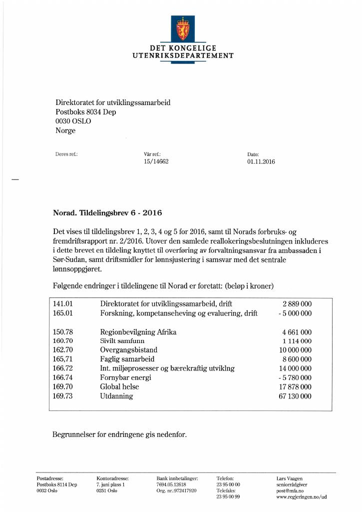 Forsiden av dokumentet Tildelingsbrev no. 6 (pdf)