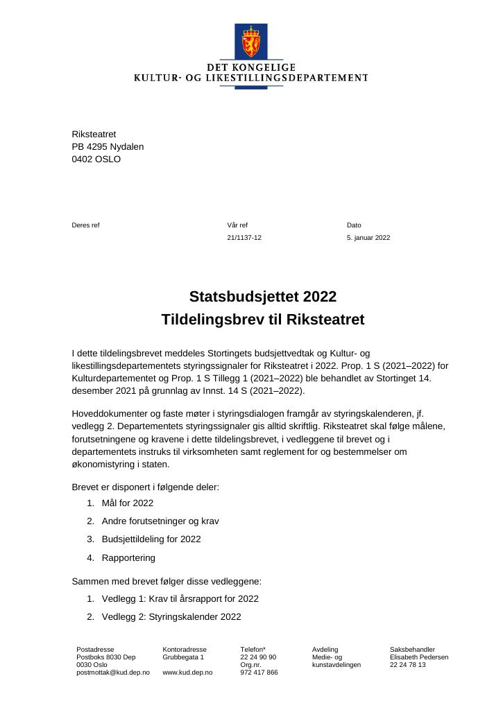 Forsiden av dokumentet Tildelingsbrev Riksteatret 2022