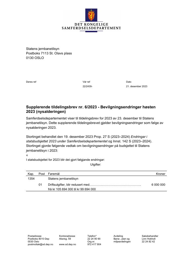 Forsiden av dokumentet Tildelingsbrev Statens jernbanetilsyn 2023 - tillegg nr. 6