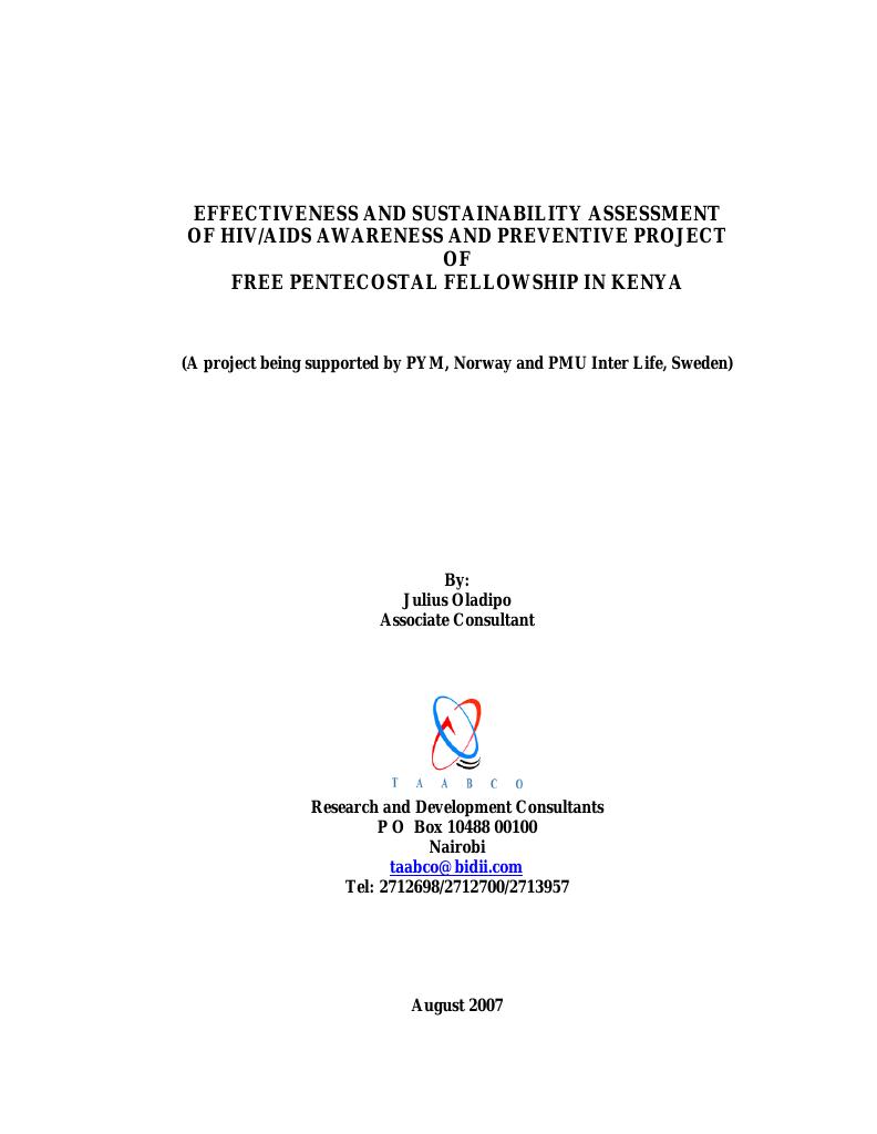 Forsiden av dokumentet Effectiveness and sustainability assessment of HIV/AIDS awareness and preventive project of Free Pentecostal Fellowship in Kenya.