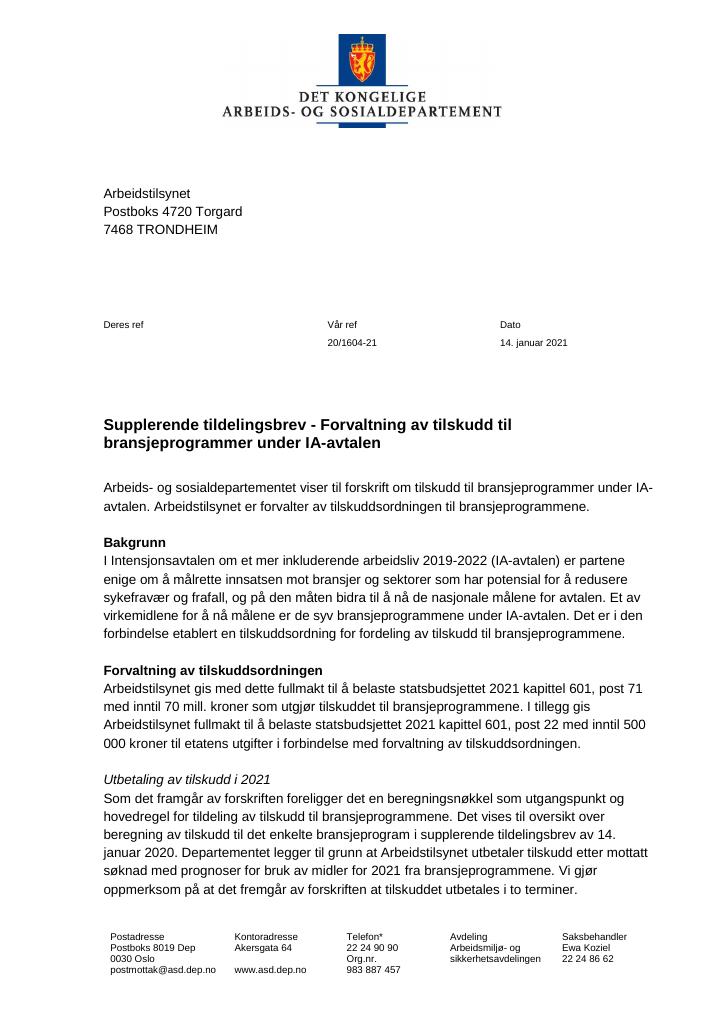 Forsiden av dokumentet Tildelingsbrev Arbeidstilsynet 2021 - tillegg nr. 1 til nr. 8