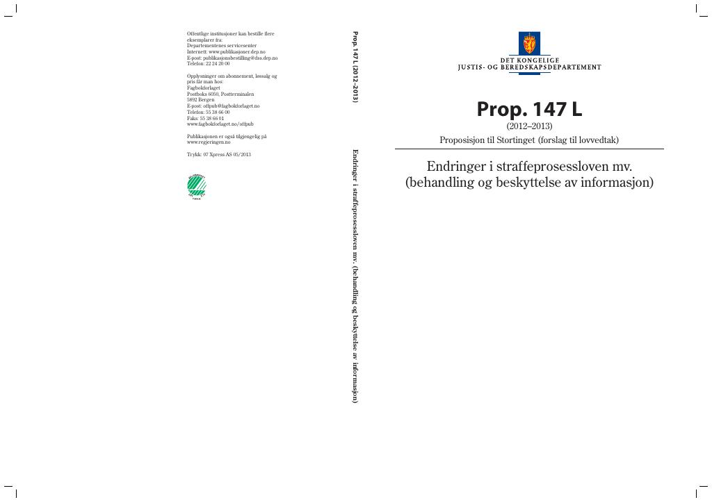 Forsiden av dokumentet Prop. 147 L  (2012–2013)