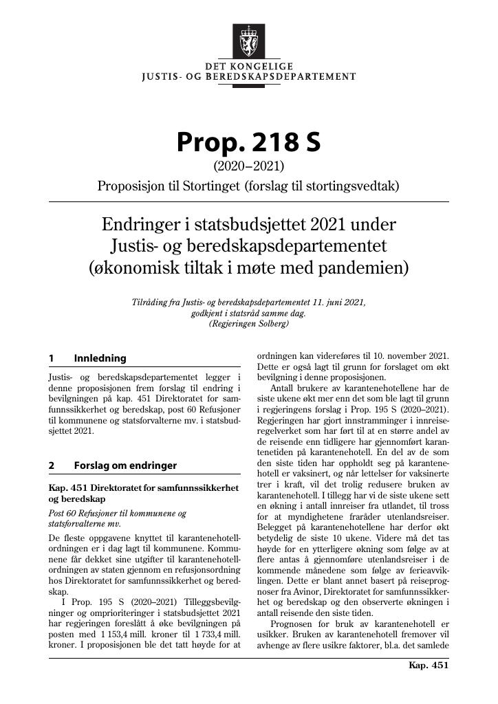 Forsiden av dokumentet Prop. 218 S (2020–2021)