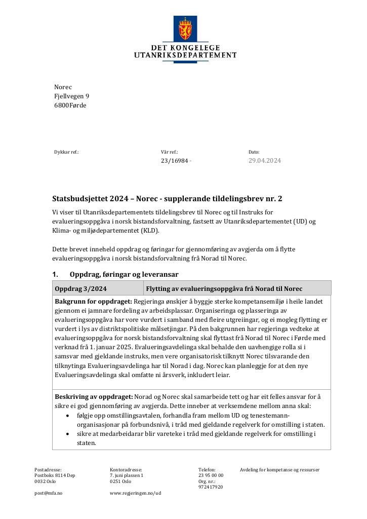 Forsiden av dokumentet Tildelingsbrev Norec 2024 - tillegg nr. 2