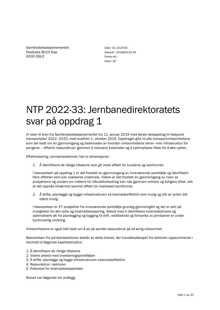 Forsiden av dokumentet NTP 2022-33: Jernbanedirektoratets svar på oppdrag 1