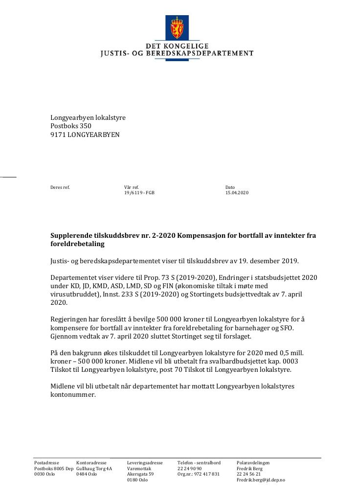 Forsiden av dokumentet Supplerende tilskuddsbrev Longyearbyen lokalstyre 2020 - nr. 2