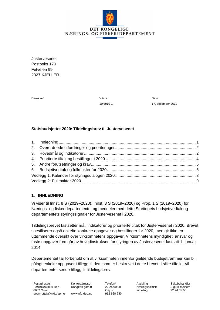 Forsiden av dokumentet Statsbudsjettet 2020: Tildelingsbrev Justervesenet
