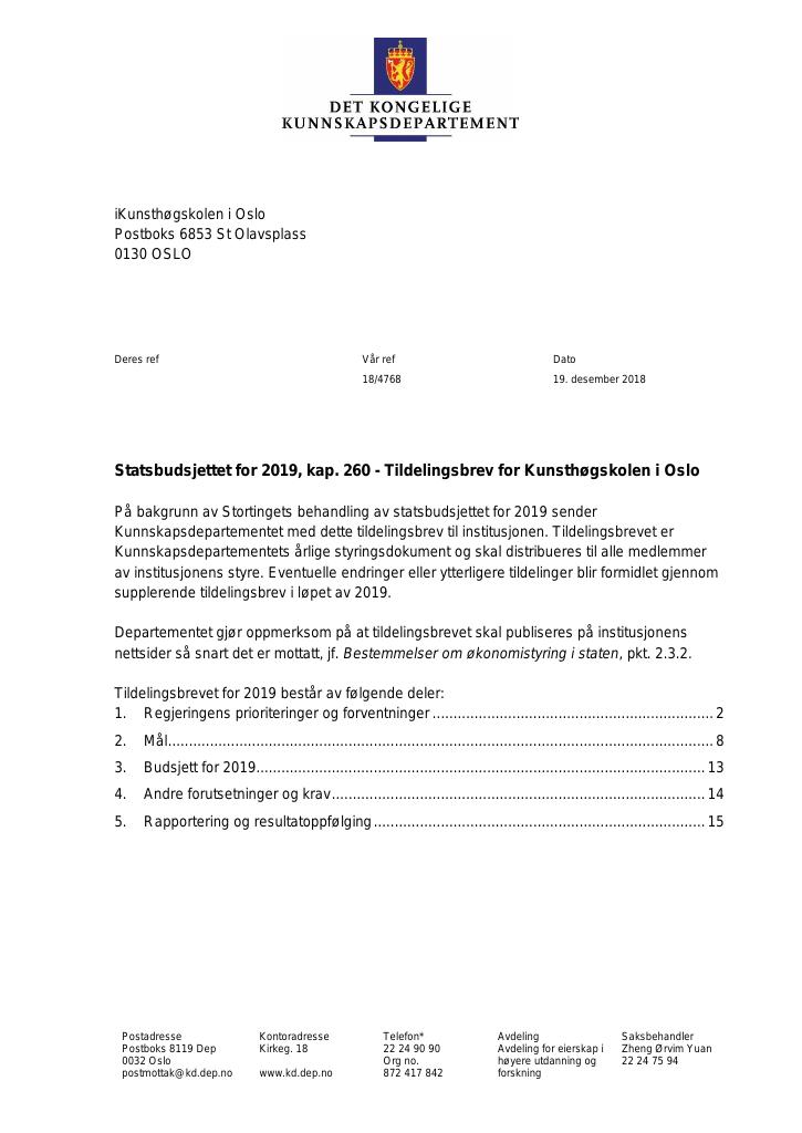 Forsiden av dokumentet Tildelingsbrev Kunsthøgskolen i Oslo 2019