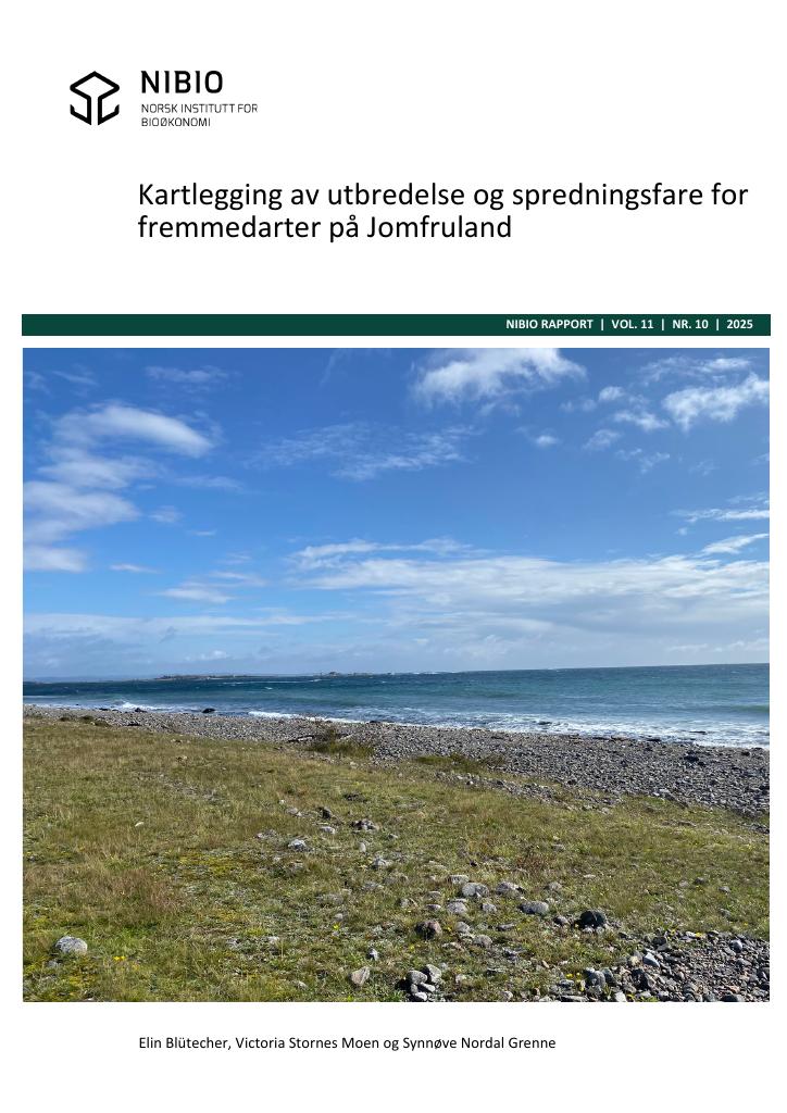 Forsiden av dokumentet Kartlegging av utbredelse og spredningsfare for fremmedarter – Jomfruland og Jomfruland nasjonalpark.