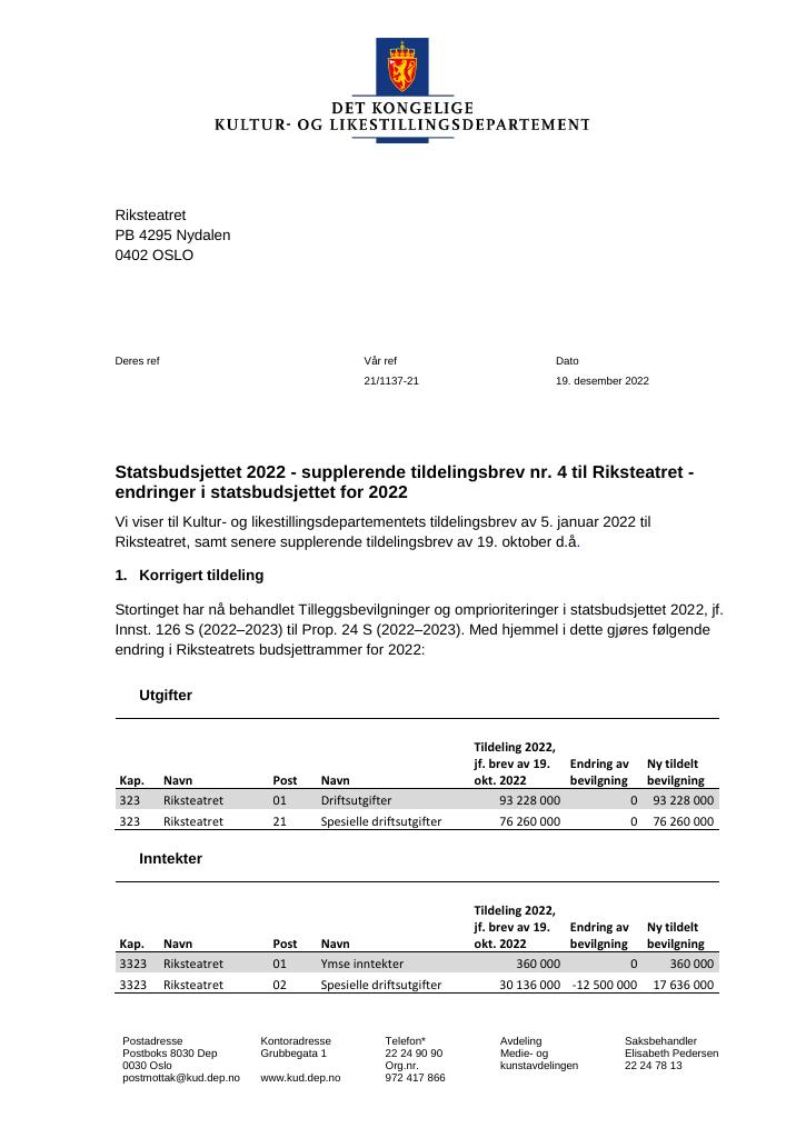 Forsiden av dokumentet Tildelingsbrev Riksteatret 2022 - tillegg nr. 4