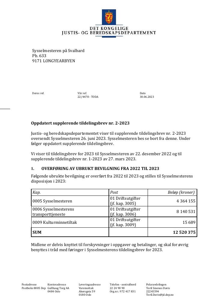 Forsiden av dokumentet Tildelingsbrev Sysselmesteren på Svalbard 2023 - tillegg nr. 2