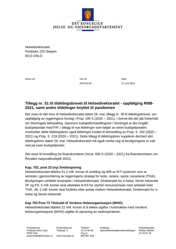 Forsiden av dokumentet Tildelingsbrev Helsedirektoratet 2021 - tillegg nr. 51