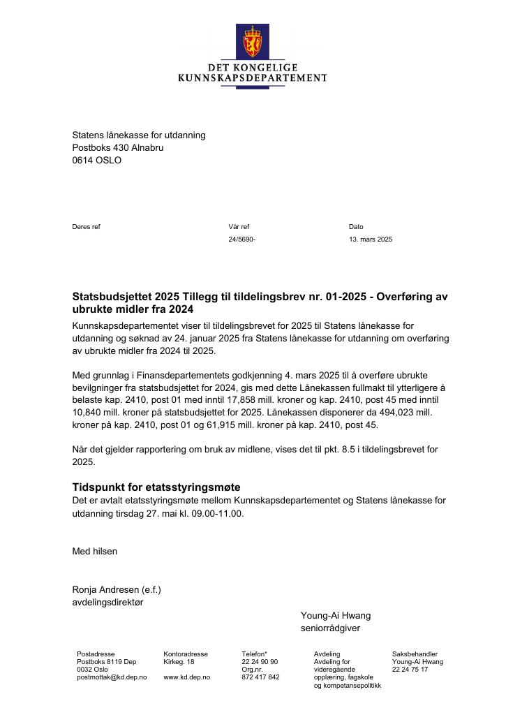 Forsiden av dokumentet Tildelingsbrev Lånekassen 2025 - tillegg nr. 1.