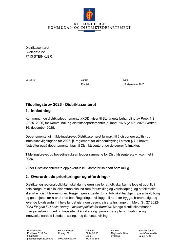 Forsiden av dokumentet Tildelingsbrev Distriktssenteret 2026
