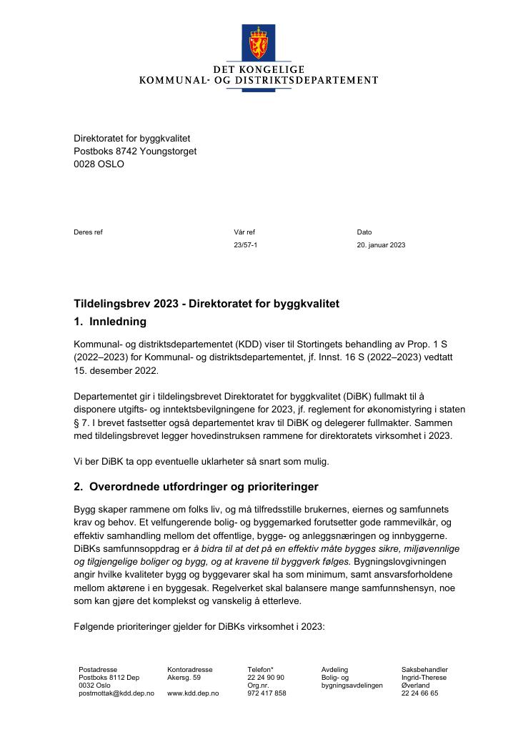 Tildelingsbrev Direktoratet For Byggkvalitet 2023 - Kudos