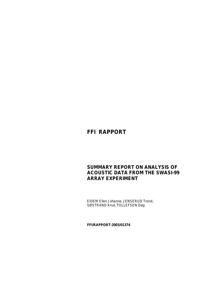 Forsiden av dokumentet Summary report on analysis of acoustic data from the SWASI-99 array experiment