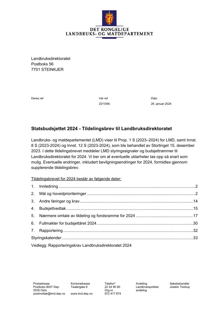 Forsiden av dokumentet Tildelingsbrev Landbruksdirektoratet 2024