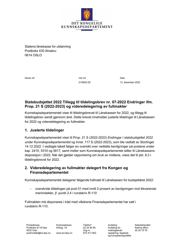 Forsiden av dokumentet Tildelingsbrev Statens lånekasse for utdanning 2022 - tillegg nr. 7