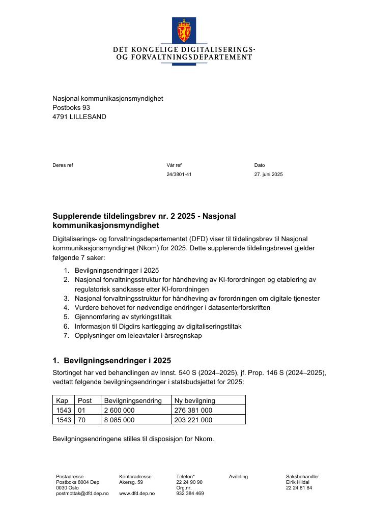 Forsiden av dokumentet Tildelingsbrev nr. 2 2025 - Nasjonal kommunikasjonsmyndighet