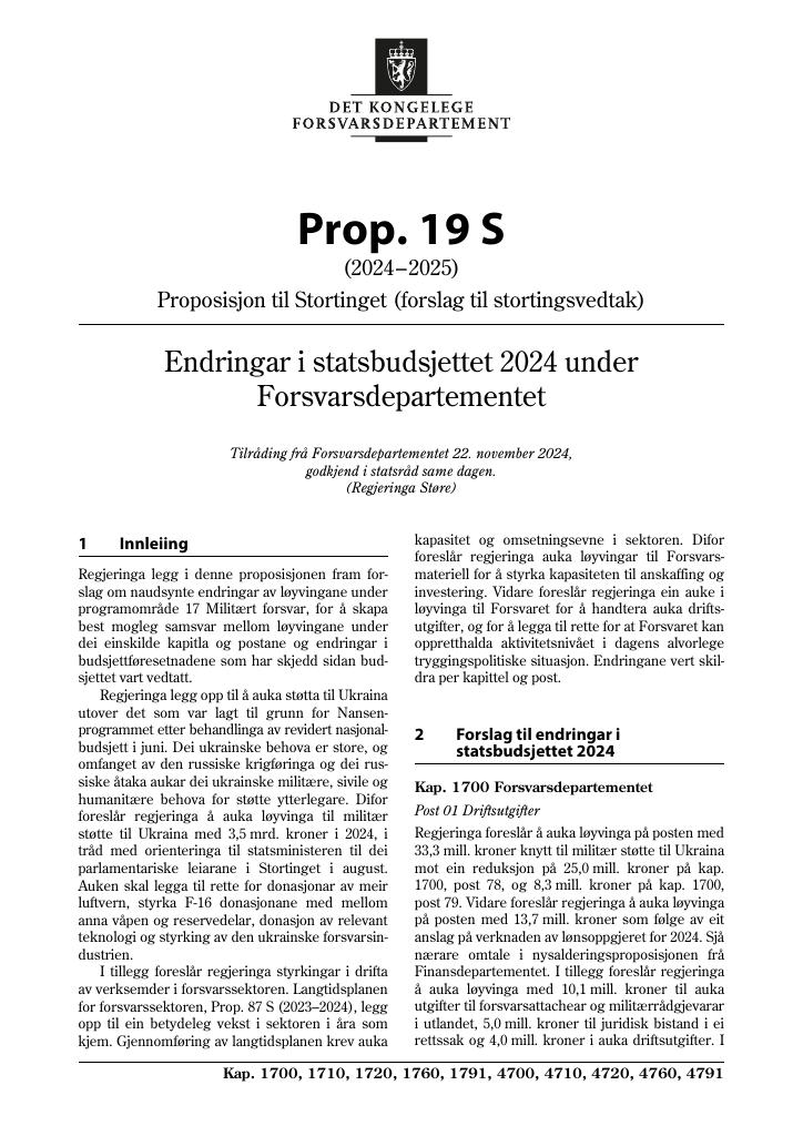 Forsiden av dokumentet Prop. 19 S (2024–2025)
