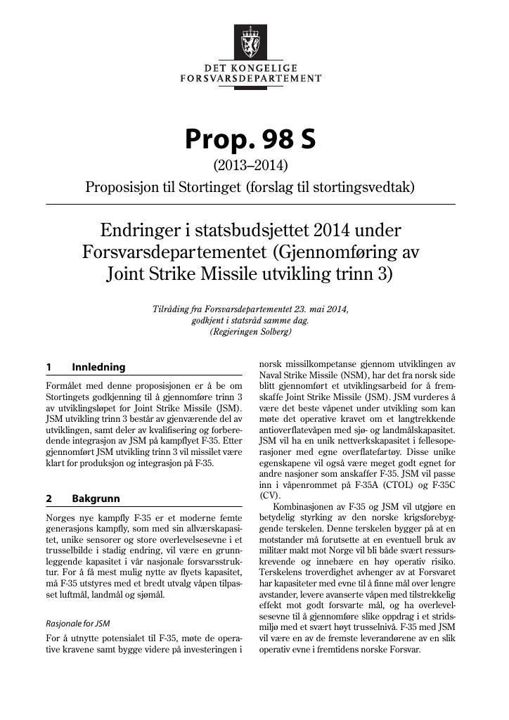 Forsiden av dokumentet Prop. 98 S (2013–2014)