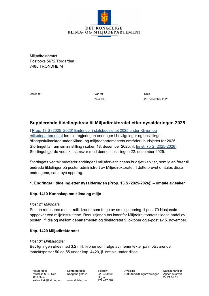 Forsiden av dokumentet Tildelingsbrev Miljødirektoratet 2025 - tillegg nr. 22