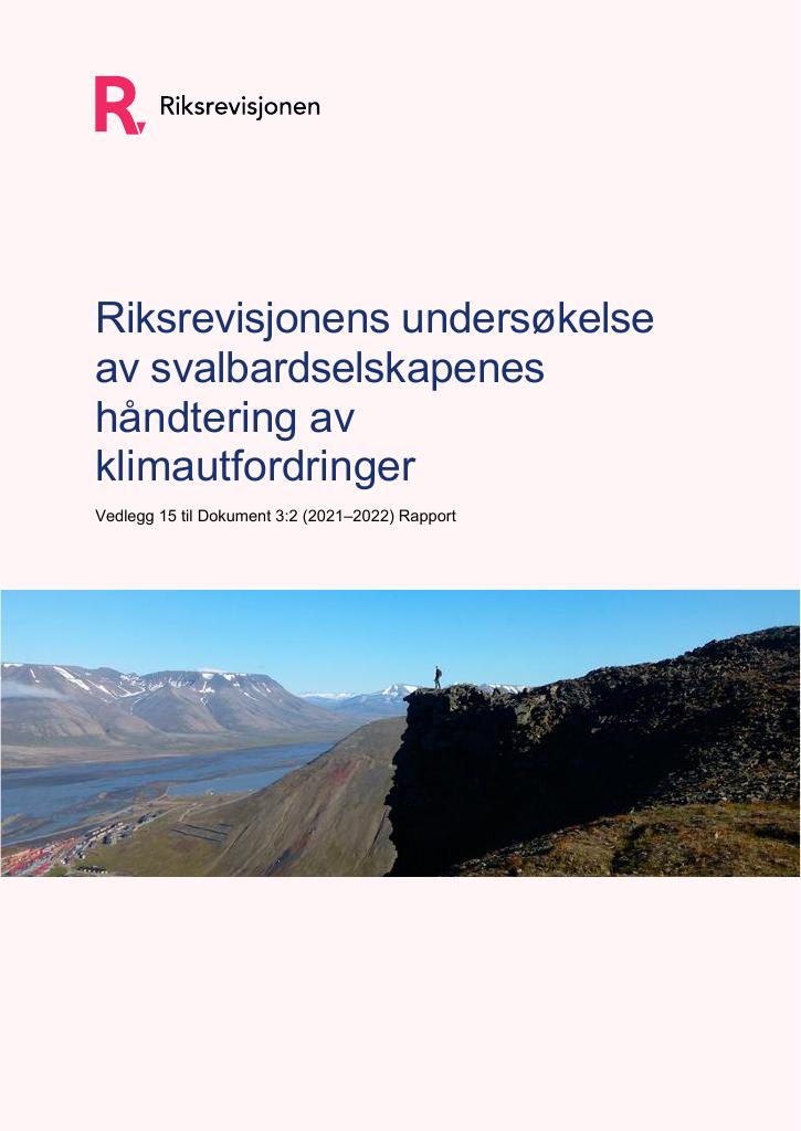 Forsiden av dokumentet Riksrevisjonens undersøkelse 
av svalbardselskapenes 
håndtering av 
klimautfordringer