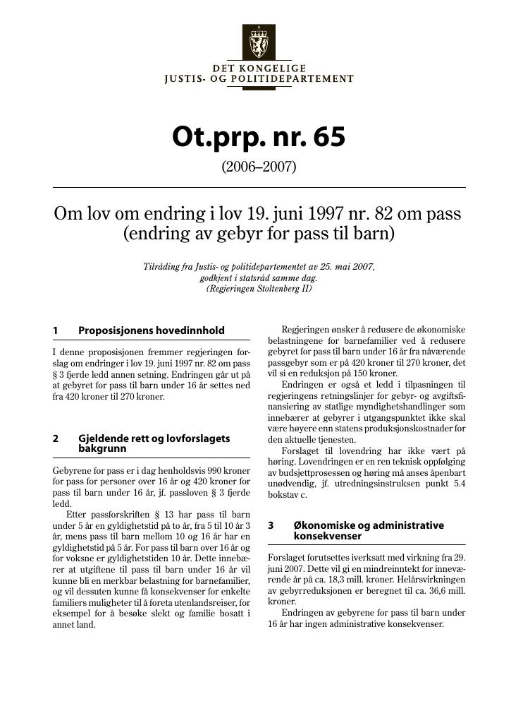 Forsiden av dokumentet Ot.prp. nr. 65 (2006-2007)