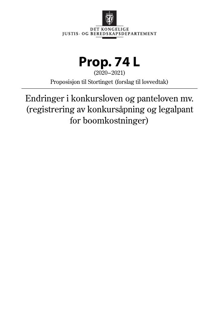 Forsiden av dokumentet Prop. 74 L (2020–2021)