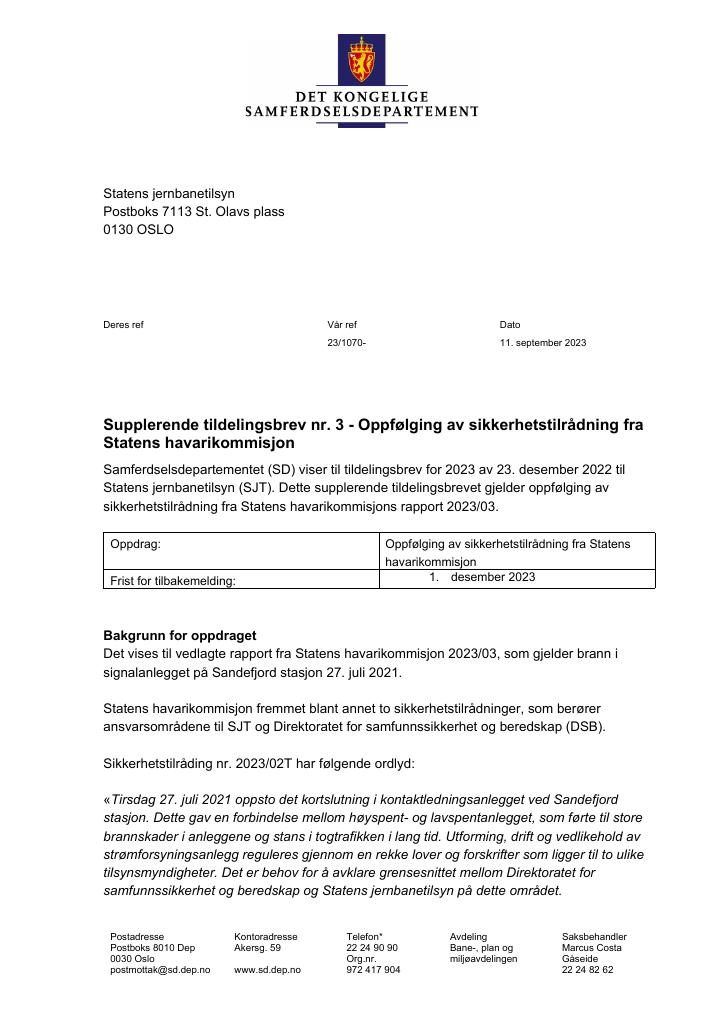 Forsiden av dokumentet Tildelingsbrev Statens jernbanetilsyn 2023 - tillegg nr. 3