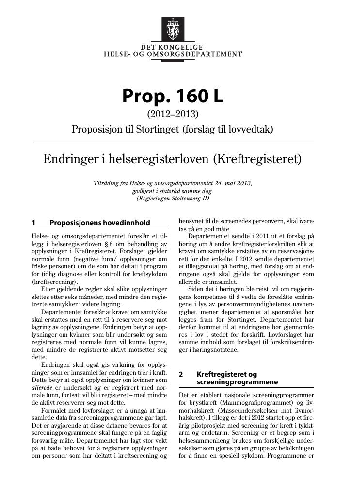 Forsiden av dokumentet Prop. 160 L (2012–2013)