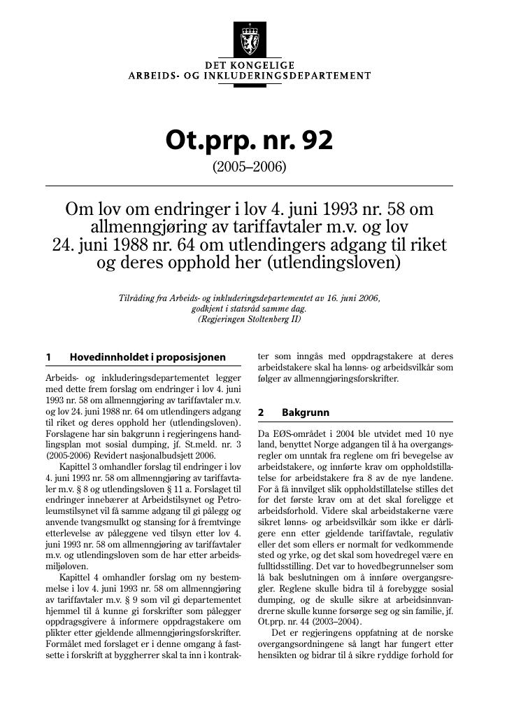 Forsiden av dokumentet Ot.prp. nr. 92 (2005-2006)