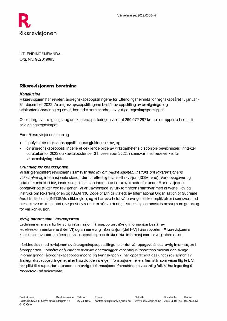 Forsiden av dokumentet Revisjonsberetning Utlendingsnemnda 2022
