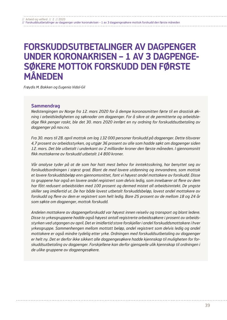 Forsiden av dokumentet Forskuddsutbetalinger av dagpenger under koronakrisen- hvem benyttet seg av ordningen den første måneden?