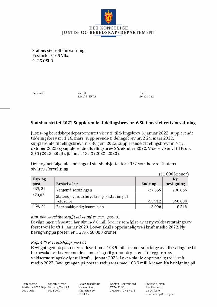 Forsiden av dokumentet Tildelingsbrev Statens sivilrettsforvaltning 2022 - tillegg nr. 6